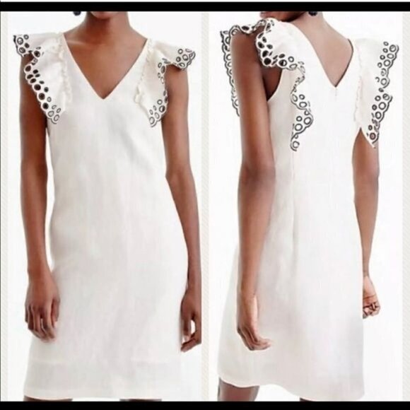 J Crew Collection Eyelet Ruffle Shoulder Dress Sleeveless V neck Linen Blend 0 - Picture 1 of 11